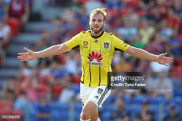 Hamish Watson of the Phoenix celebrates a goal during the round 20 A-League match between the Newcastle Jets and Wellington Phoenix at Hunter Stadium...