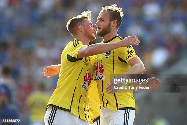 Dylan Fox and Hamish Watson of the Phoenix celebrate a goal during the round 20 A-League match between the Newcastle Jets and Wellington Phoenix at...