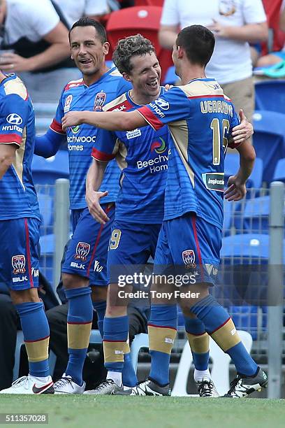 Morten Nordstrand of the Jets celebrates a goal with team mates during the round 20 A-League match between the Newcastle Jets and Wellington Phoenix...