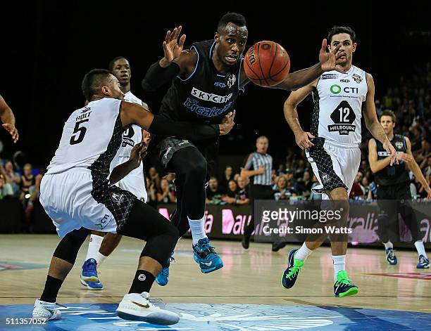 Cedric Jackson of the Breakers is fouled during the NBL Semi Final match between the New Zealand Breakers and Melbourne United at Vector Arena on...