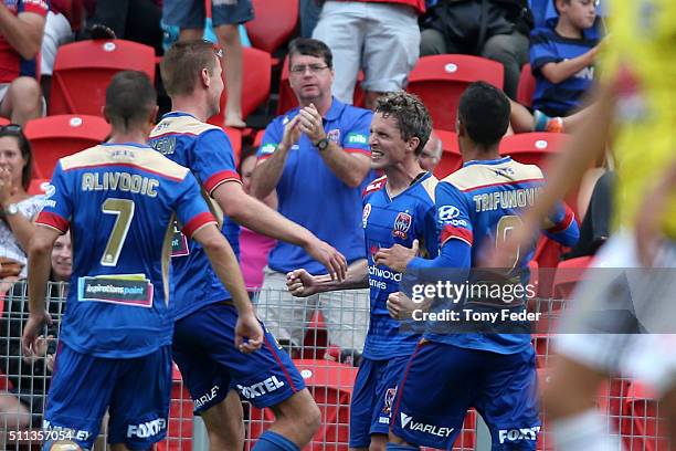 Morten Nordstrand of the Jets celebrates a goal with team mates during the round 20 A-League match between the Newcastle Jets and Wellington Phoenix...