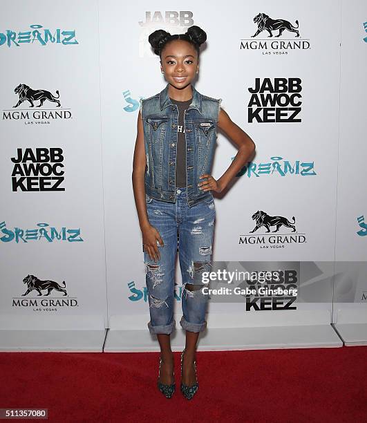 Actress Skai Jackson attends the grand opening of the Jabbawockeez dance crew's show "JREAMZ" at MGM Grand Hotel & Casino on February 19, 2016 in Las...