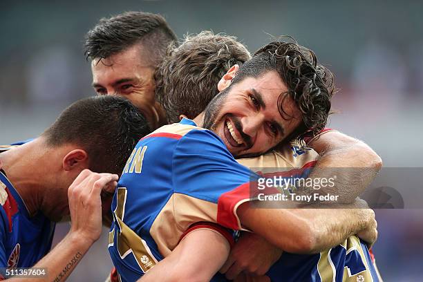 Nicholas Cowburn of the Jets celebrates a goal with Morten Nordstrand during the round 20 A-League match between the Newcastle Jets and Wellington...