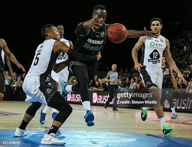 Cedric Jackson of the Breakers is fouled during the NBL Semi Final match between the New Zealand Breakers and Melbourne United at Vector Arena on...