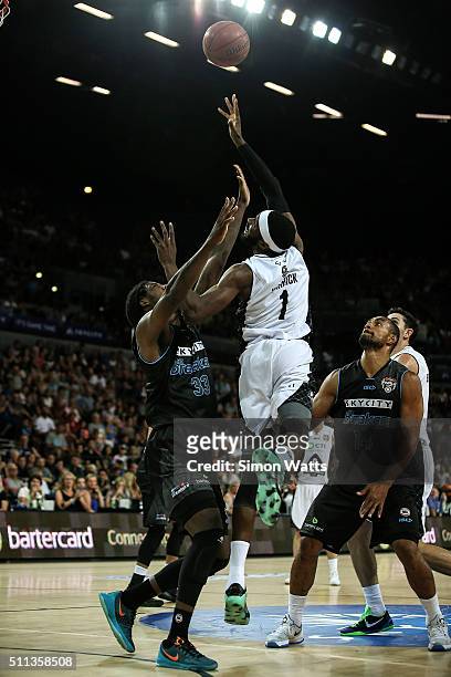 Hakin Warrick of Melbourne shoots during the NBL Semi Final match between the New Zealand Breakers and Melbourne United at Vector Arena on February...