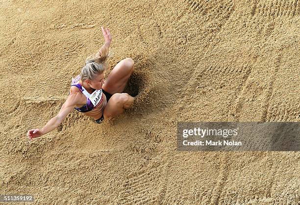 Chelsea Jaensch of Queensland competes in the Womens Long Jump during the Canberra Track Classic at the AIS Athletics track February 20, 2016 in...