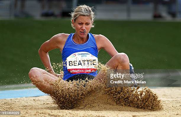 Carlee Beatie of Queensalnd competes in the Womens Long Jump during the Canberra Track Classic at the AIS Athletics track February 20, 2016 in...