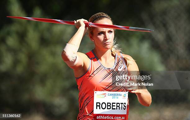 Kelsey-Lee Roberts of the ACT competes i the Womens Javelin Throw during the Canberra Track Classic at the AIS Athletics track February 20, 2016 in...