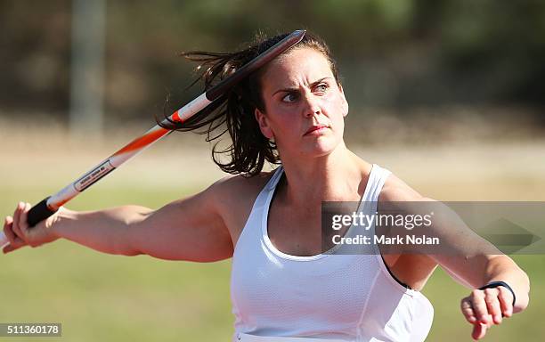 Karen Clarke of NSW competes in the Womens Javelin Throw during the Canberra Track Classic at the AIS Athletics track February 20, 2016 in Canberra,...