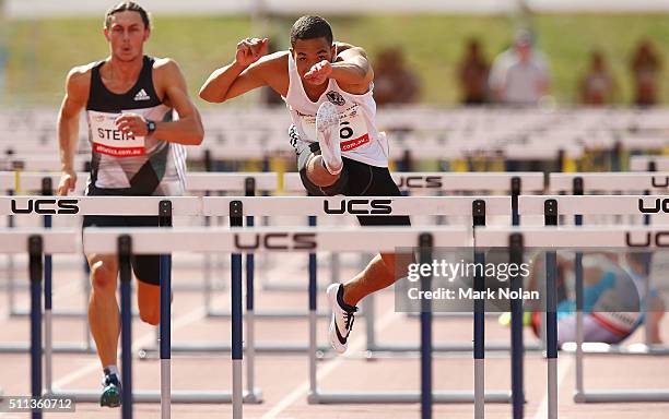 Jake Stein of WA competes in the Mens 110 metre Hurdles during the Canberra Track Classic at the AIS Athletics track February 20, 2016 in Canberra,...