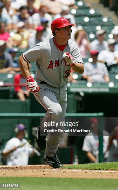 Infielder Robb Quinlan of the Anaheim Angels runs the baseline during the game against the Texas Rangers at Ameriquest Field in Arlington on July 22,...