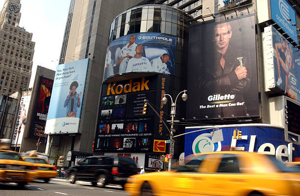 Gillette advertisement featuring English soccer star David Beckham hangs in Times Square August 2, 2004 in New York City.