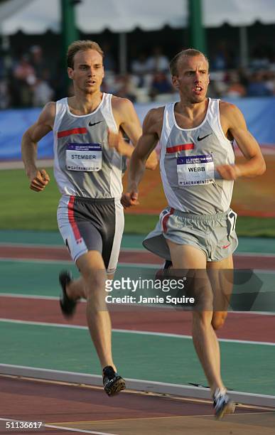 Alan Webb of Nike leads Michael Stember of Nike in the 1500 Meter Run, during the U.S. Olympic Team Track & Field Trials on July 16, 2004 at the Alex...