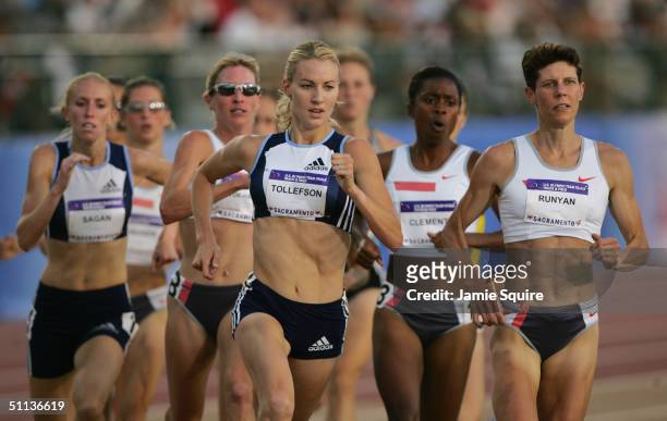 Marla Runyan of Nike competes with Carrie Tollefson of Adidas in the 1500 Meter Run, during the U.S. Olympic Team Track & Field Trials on July 16,...
