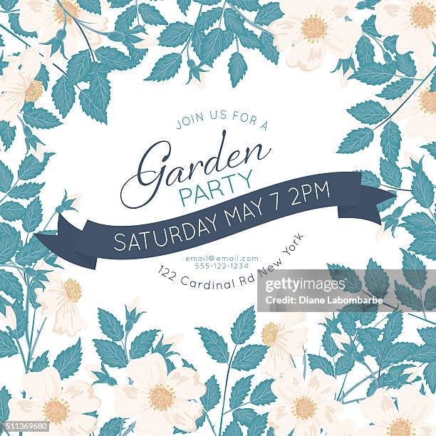 wild roses vines garden party invitation - backyard party stock illustrations
