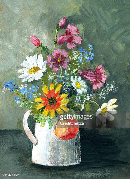 acrylic painting of multicolored wild flowers in white vase - poppies in vase stock illustrations
