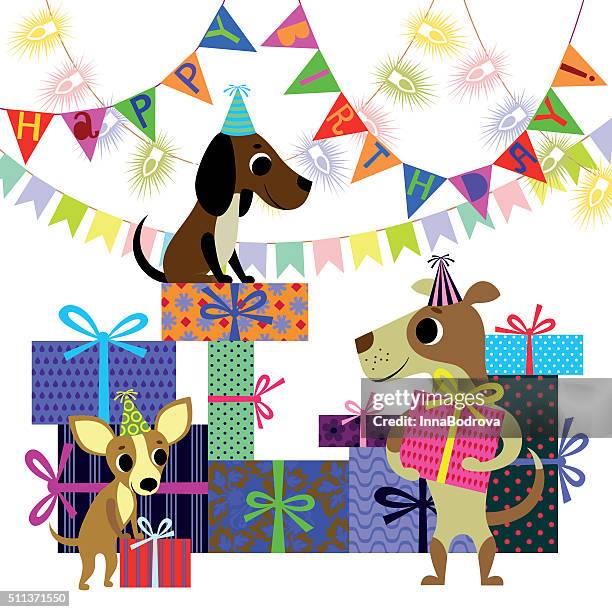 birthday and dogs with boxes of presents - dog knots stock illustrations