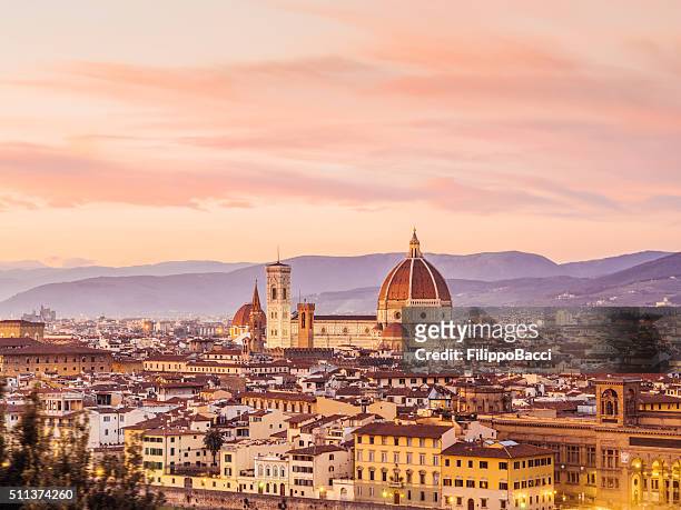 florence's cathedral and skyline at sunset - cupola stockfoto's en -beelden