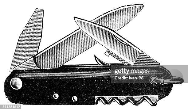 tasche mit messer - swiss army knife stock-grafiken, -clipart, -cartoons und -symbole