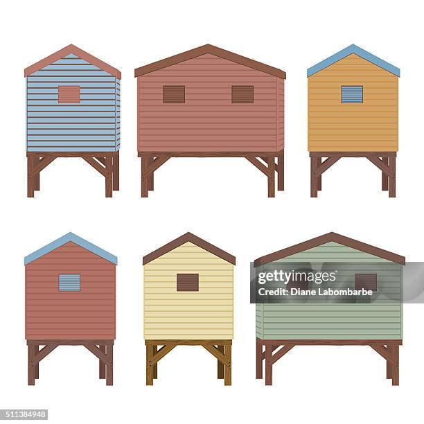 illustrations, cliparts, dessins animés et icônes de ensemble de bungalows sur la plage dans des couleurs pastel - maison miniature