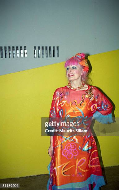 Designer Zandra Rhodes poses at a studio session on October 8, 2001 at the Fashion Museum, Bermondsey in London.
