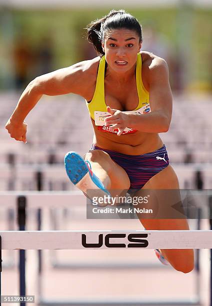 Michelle Jenneke of NSW competes in the Womens 100 Metre Hurdles during the Canberra Track Classic at the AIS Athletics track February 20, 2016 in...
