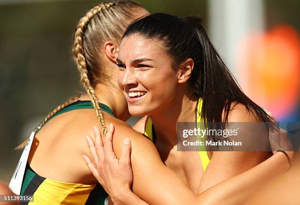 Michelle Jenneke of NSW celebrates after winning the Womens 100 Metre Hurdles during the Canberra Track Classic at the AIS Athletics track February...