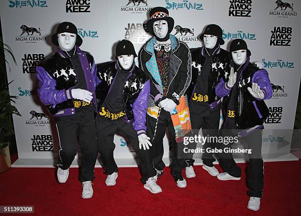 Members of the Jabbawockeez dance crew attend the grand opening of their new show "JREAMZ" at MGM Grand Hotel & Casino on February 19, 2016 in Las...