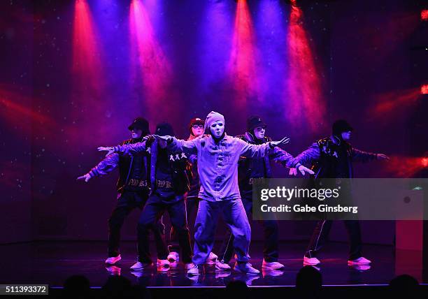 Members of the Jabbawockeez dance crew perform during the grand opening of their new show "JREAMZ" at MGM Grand Hotel & Casino on February 19, 2016...