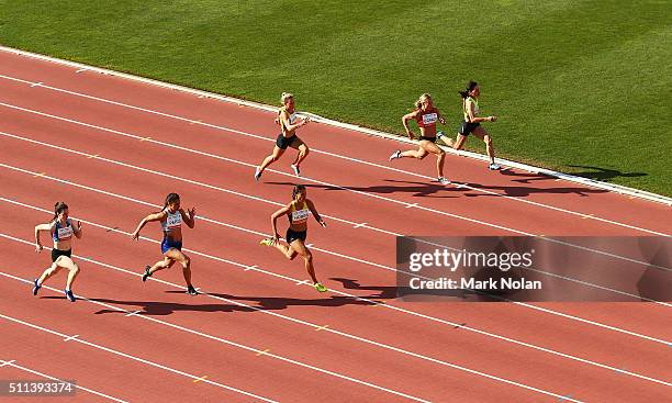 Zoe Hobbs of New Zealand leads in the Womens 100 Metre B race during the Canberra Track Classic at the AIS Athletics track February 20, 2016 in...