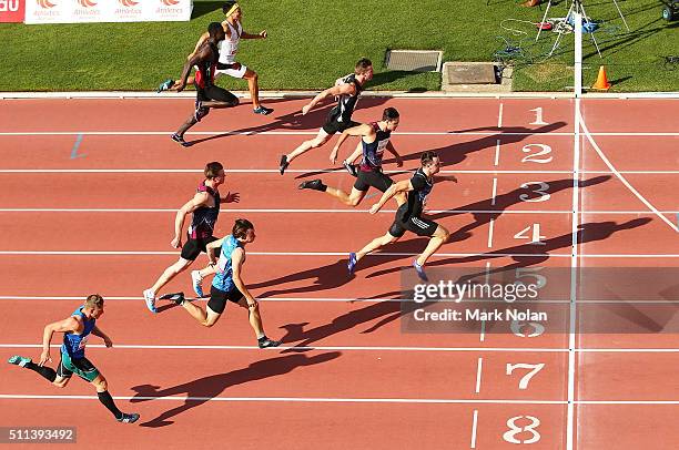 Tom Gamble of Queensland leads the Mens 100 Metre race during the Canberra Track Classic at the AIS Athletics track February 20, 2016 in Canberra,...