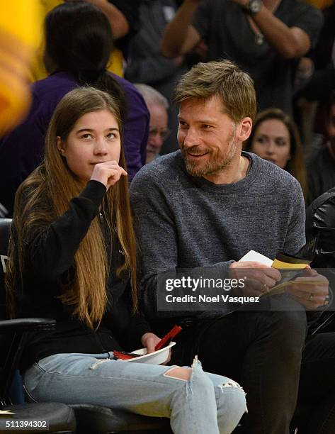 Nikolaj Coster-Waldau and Filippa Coster-Waldau attend a basketball game between the San Antonio Spurs and the Los Angeles Lakers at Staples Center...