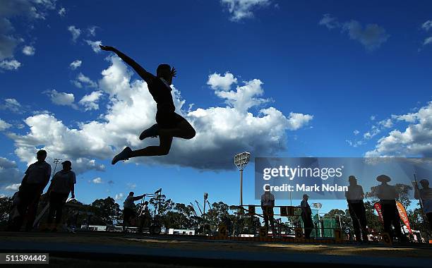 Thomas Soliman of Queensland competes in the Mens Long Jump during the Canberra Track Classic at the AIS Athletics track February 20, 2016 in...