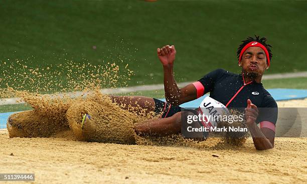 Shemaiah James of Queensland competes in the Mens Long Jump during the Canberra Track Classic at the AIS Athletics track February 20, 2016 in...