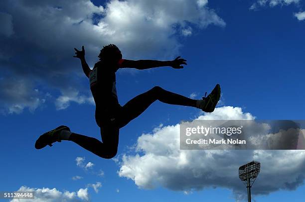 Shemaiah James of Queensland competes in the Mens Long Jump during the Canberra Track Classic at the AIS Athletics track February 20, 2016 in...