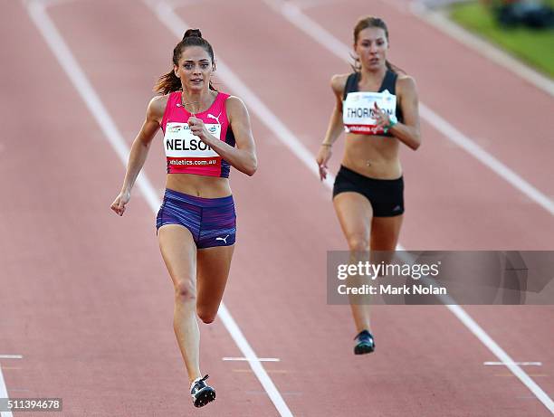 Ella Nelson of NSW and Jessica Thornton of NSW compete in the Womens 200 Metre race during the Canberra Track Classic at the AIS Athletics track...