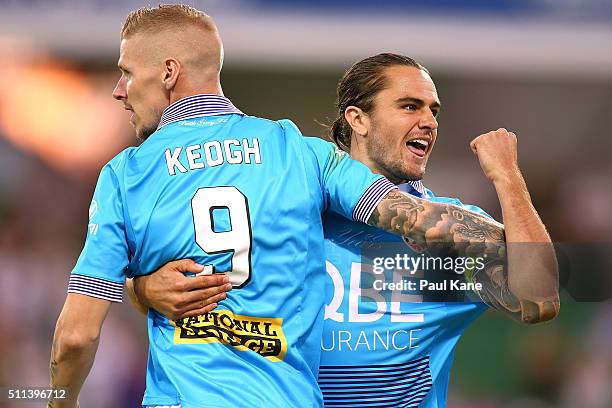 Andy Keogh and Josh Risdon of the Glory celebrate a goal during the round 20 A-League match between the Perth Glory and Brisbane Roar at nib Stadium...