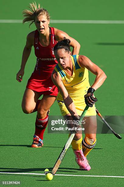 Madonna Blyth of Australia controls the ball during the International Test match between the Australian Hockeyroos and Great Britain at the Perth...