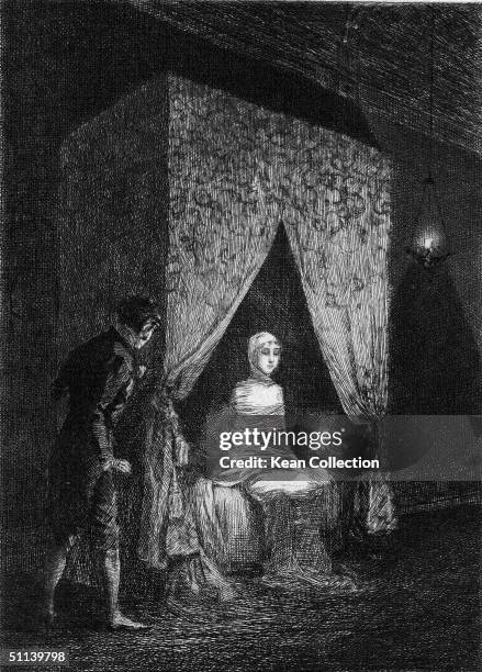 Engraving shows a scene from 'The Purloined Letter,' a short story by American author Edgar Allan Poe, late 1800s. The illustration is credited to...