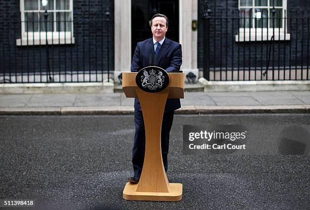 British Prime Minister David Cameron speaks outside 10 Downing Street on February 20, 2016 in London, England. Mr Cameron has returned to London...