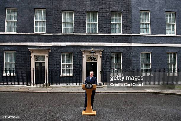 British Prime Minister David Cameron speaks outside 10 Downing Street on February 20, 2016 in London, England. Mr Cameron has returned to London...