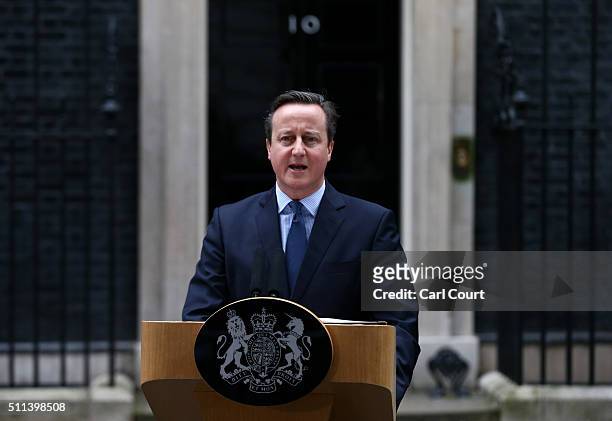 British Prime Minister David Cameron speaks outside 10 Downing Street on February 20, 2016 in London, England. Mr Cameron has returned to London...