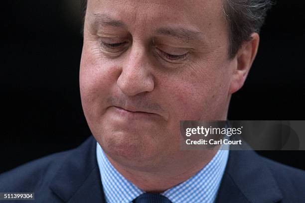 British Prime Minister David Cameron speaks outside 10 Downing Street on February 20, 2016 in London, England. Mr Cameron has returned to London...