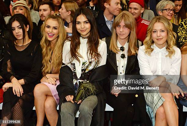 Charli XCX, Tallia Storm, Doina Ciobanu, India Rose James and Poppy Jamie attend the SIBLING show during London Fashion Week Autumn/Winter 2016/17 at...