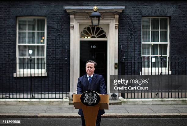 British Prime Minister David Cameron speaks to the media in Downing Street on February 20, 2016 in London, England. Mr Cameron has returned to London...