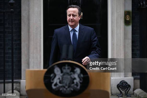 British Prime Minister David Cameron speaks to the media in Downing Street on February 20, 2016 in London, England. Mr Cameron has returned to London...