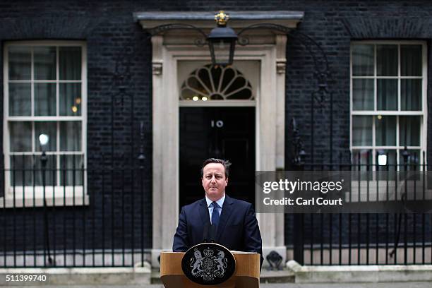 British Prime Minister David Cameron speaks outside 10 Downing Street on February 20, 2016 in London, England. Mr Cameron has returned to London...