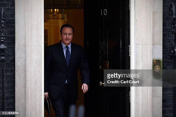 British Prime Minister David Cameron prepares to speak outside 10 Downing Street on February 20, 2016 in London, England. Mr Cameron has returned to...