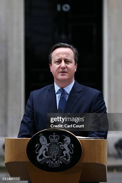 British Prime Minister David Cameron speaks outside 10 Downing Street on February 20, 2016 in London, England. Mr Cameron has returned to London...