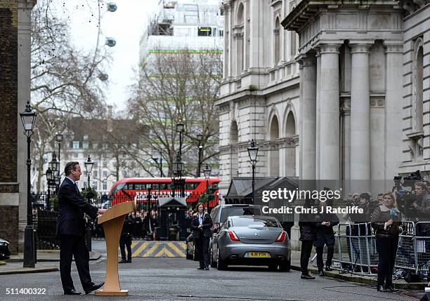 David Cameron speaks to the press following a cabinet meeting at Downing Street on February 20, 2016 in London, England. Cameron has returned to...